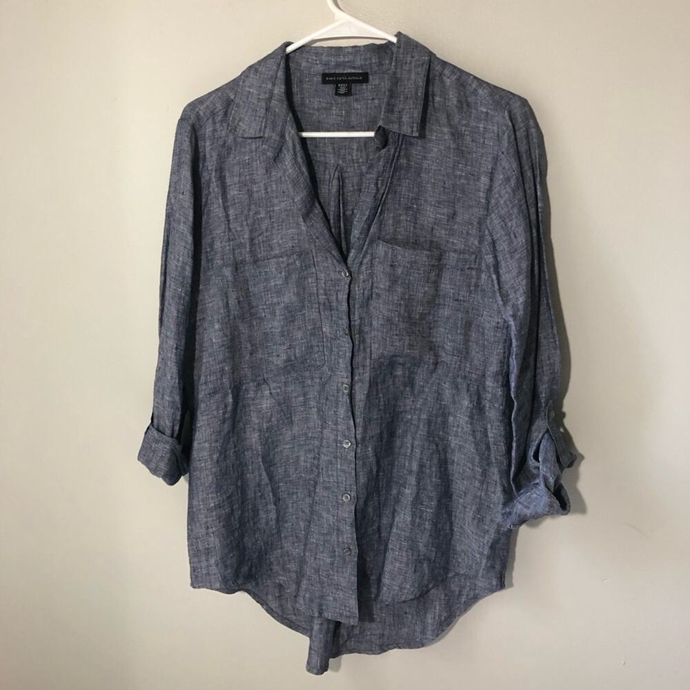 Saks fifth avenue women button up linen blue blouse v neck roll up sleeves M